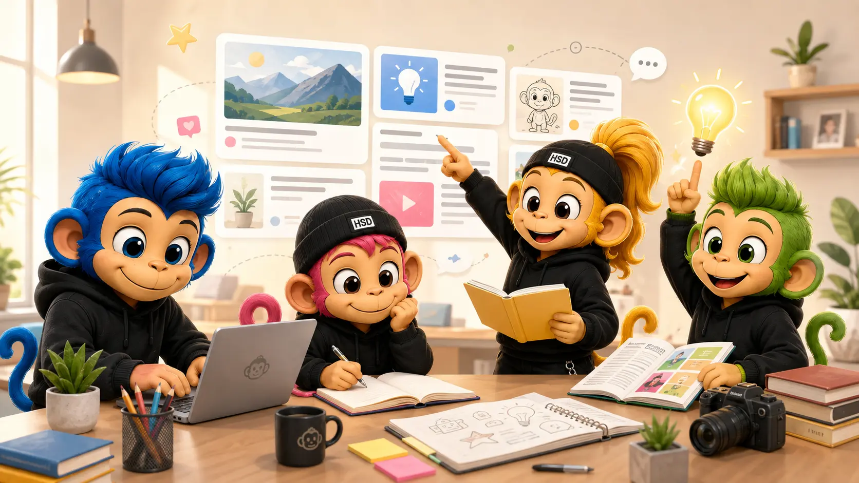 The Hear See Do monkey crew creating stories and learning ideas together