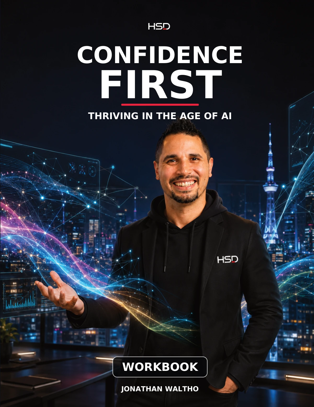 Official Confidence First: Thriving in the Age of AI workbook cover featuring Jonathan Waltho above a Workbook label