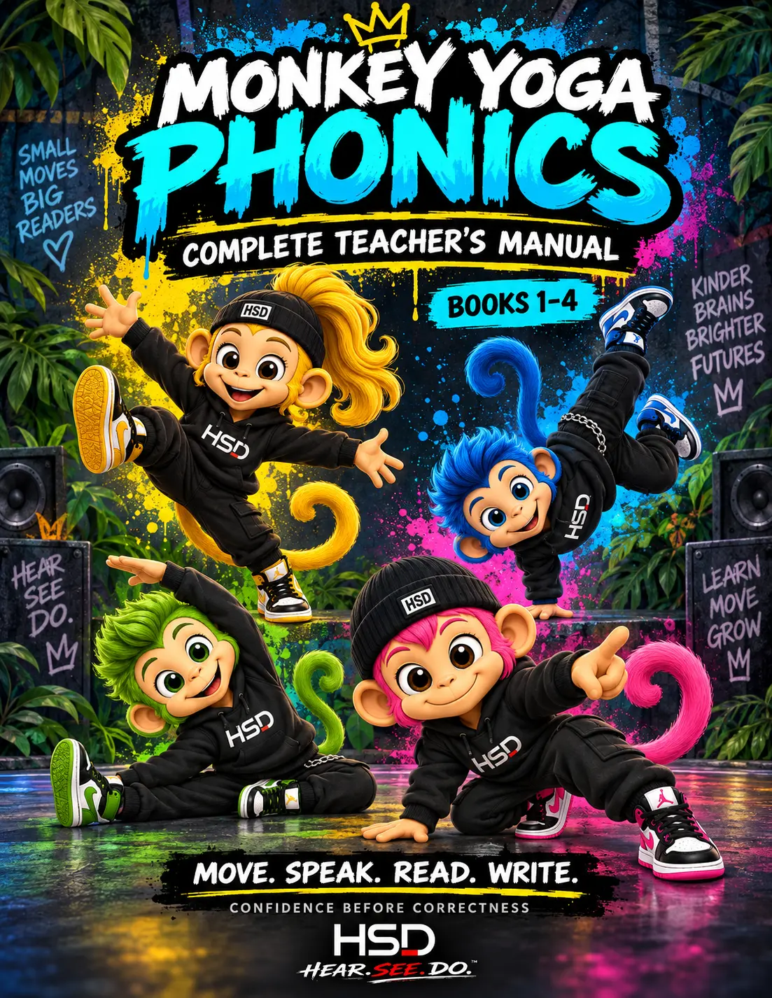 Official Monkey Yoga Phonics Complete Teacher’s Manual Books 1 to 4 cover featuring the four HSD characters