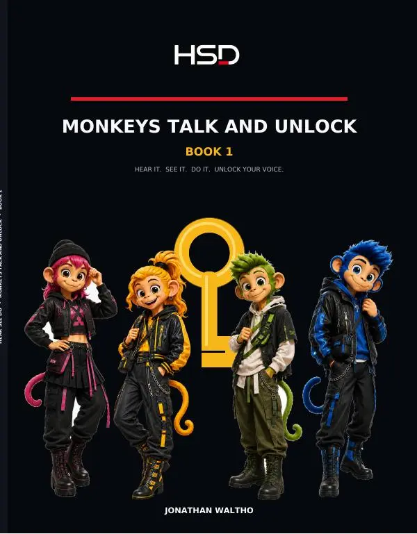 Monkeys Talk and Unlock Book 1 cover featuring the four HSD characters