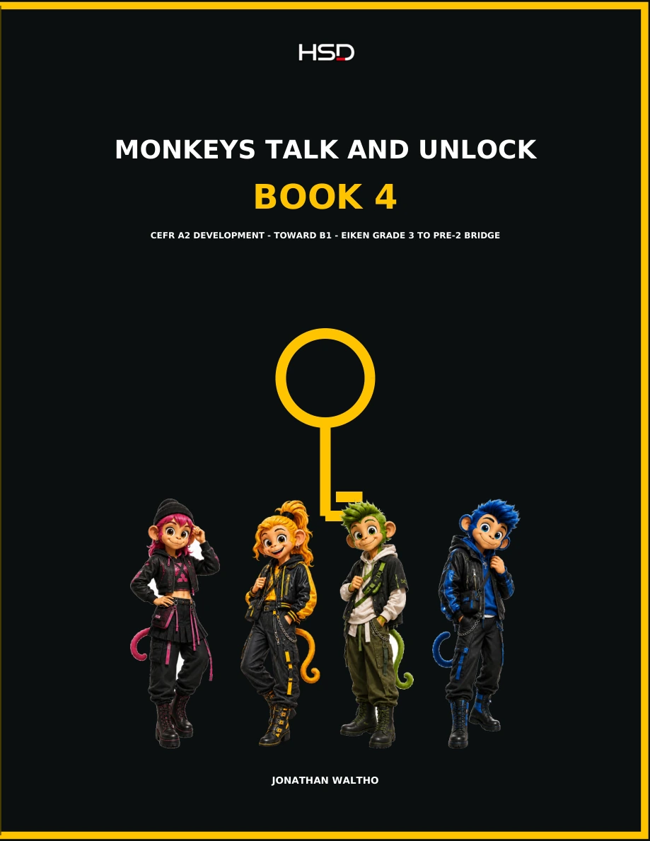 Official Monkeys Talk and Unlock Book 4 cover with a yellow border, the four HSD monkeys, and a gold key