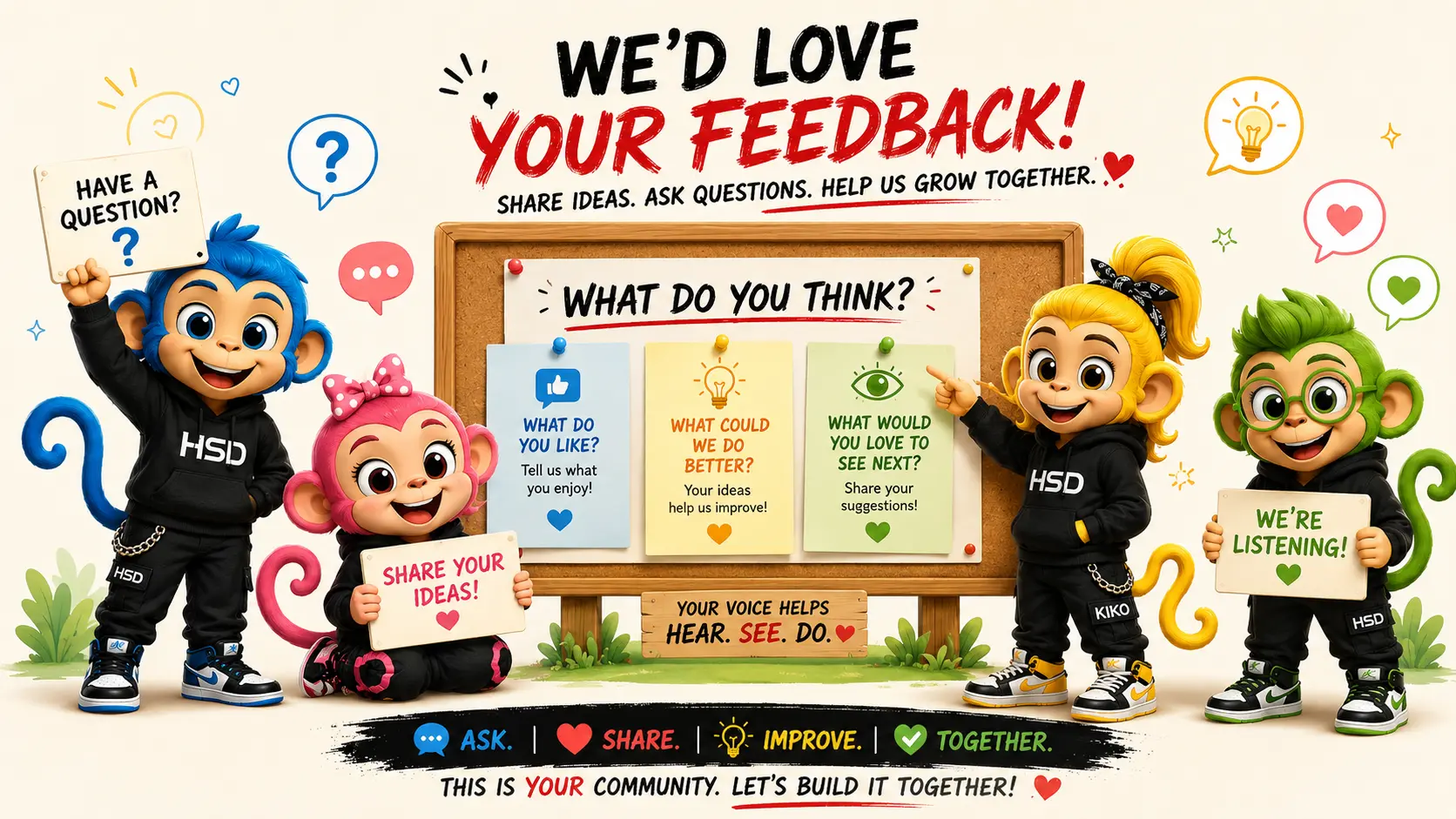 Milo, Lola, Kiko, and Momo inviting the Hear See Do community to share questions, ideas, and feedback