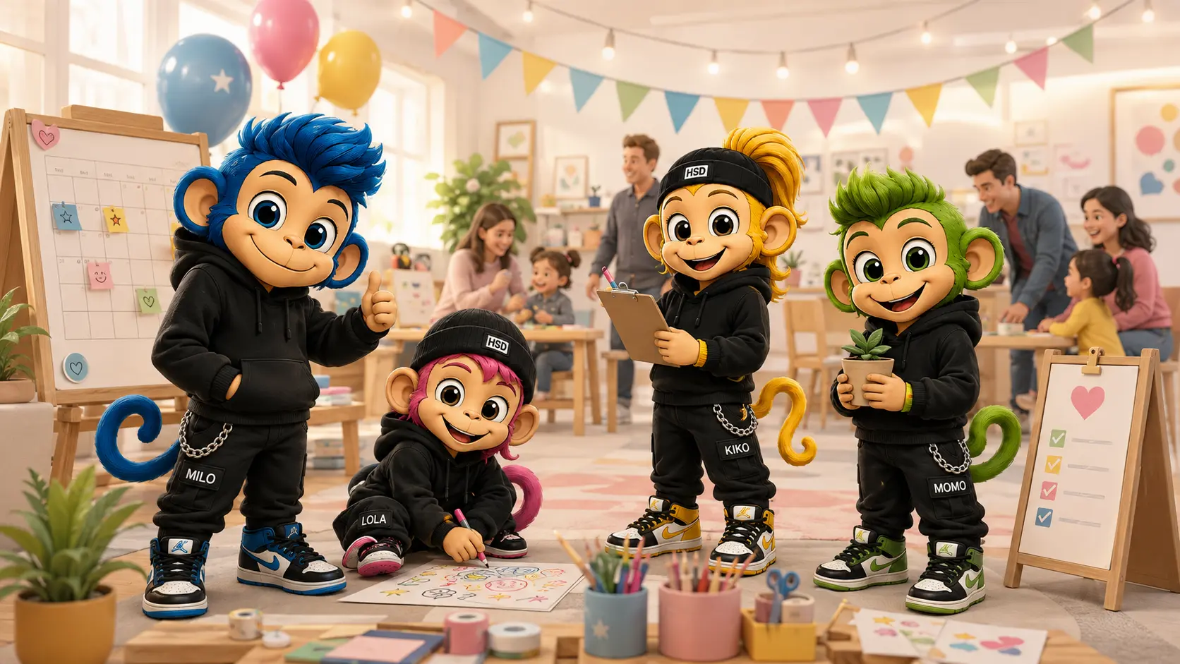 The Hear See Do monkey crew welcoming families to a community event